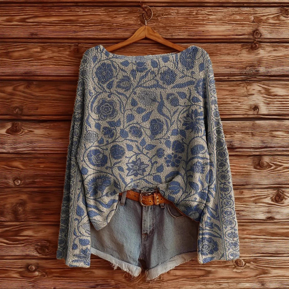 Sarah Express Women's Floral Printed Long Sleeve Pullover Top Brushed Loose Fit