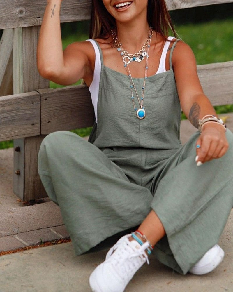 Sarah Express Suspender Wide-Leg Jumpsuit Women's Sleeveless Overall Style