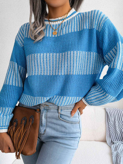 Sarah Express Women's Color Block Striped Knit Sweater - Long Sleeve Casual Pullover