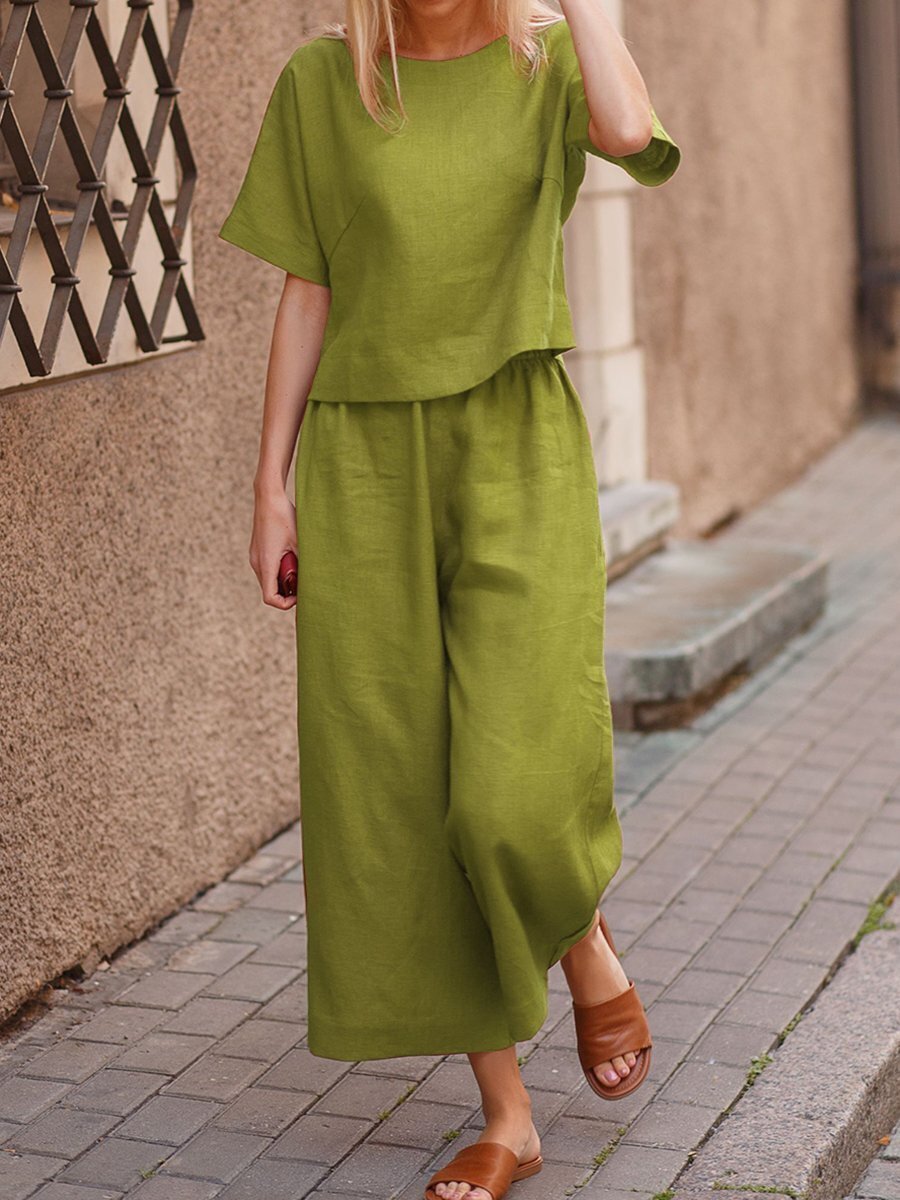 Sarah Express Cotton Linen Two-Piece Set Casual Loose Top Pants Outfit