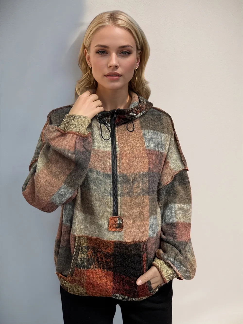 Sarah Express Women's Half Zip Exposed Seam Fleece Hoodie Tangerine