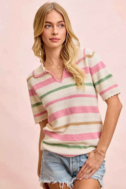 Sarah Express Women's Multi Color Striped Collared Knit Top - Ribbed Preppy Sweater