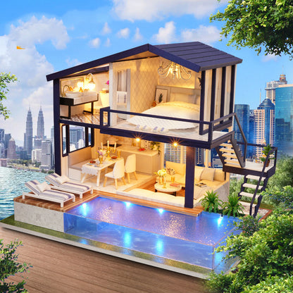 DIY Miniature Dollhouse Kit with LED Lights - 3D Wooden Furniture Assembly Puzzle for Kids and Adults