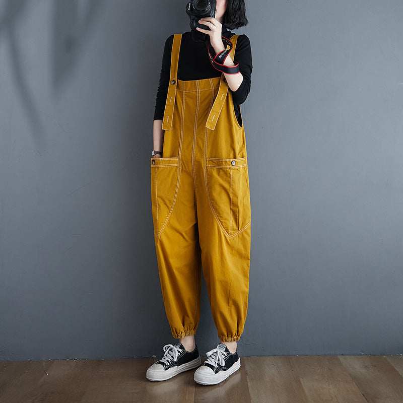 Sarah Express Women's Loose Fit Cotton Overalls Plus Size Relaxed Jumpsuit Korean Style Casual Pants