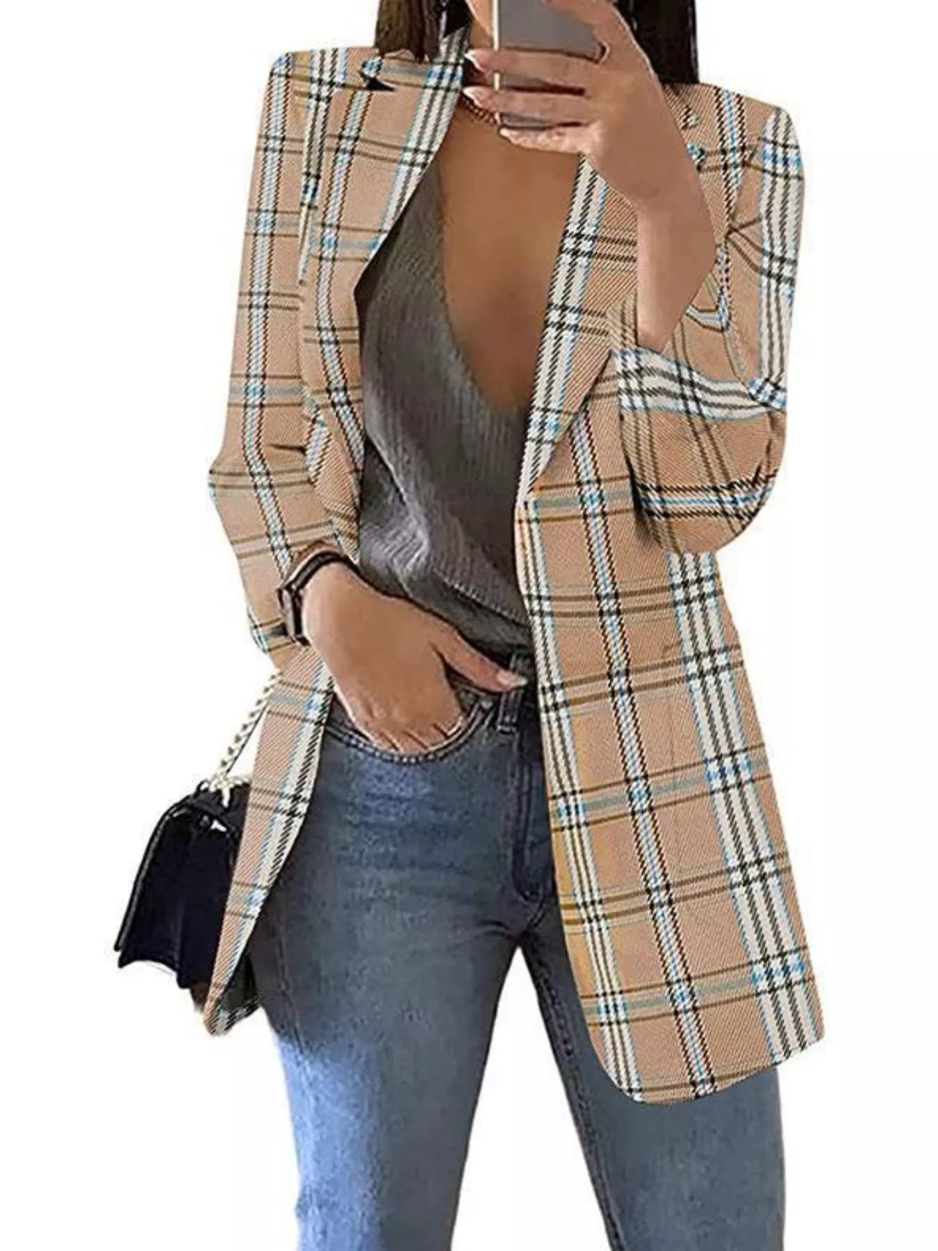 Sarah Express Women's Plaid Lapel Collar Blazer Tan