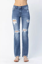 Sarah Express Women’s Plus Size Distressed Mid Rise Straight Jeans