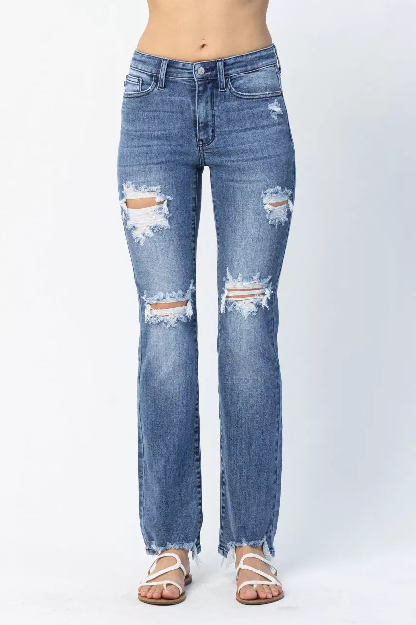 Sarah Express Women’s Plus Size Distressed Mid Rise Straight Jeans