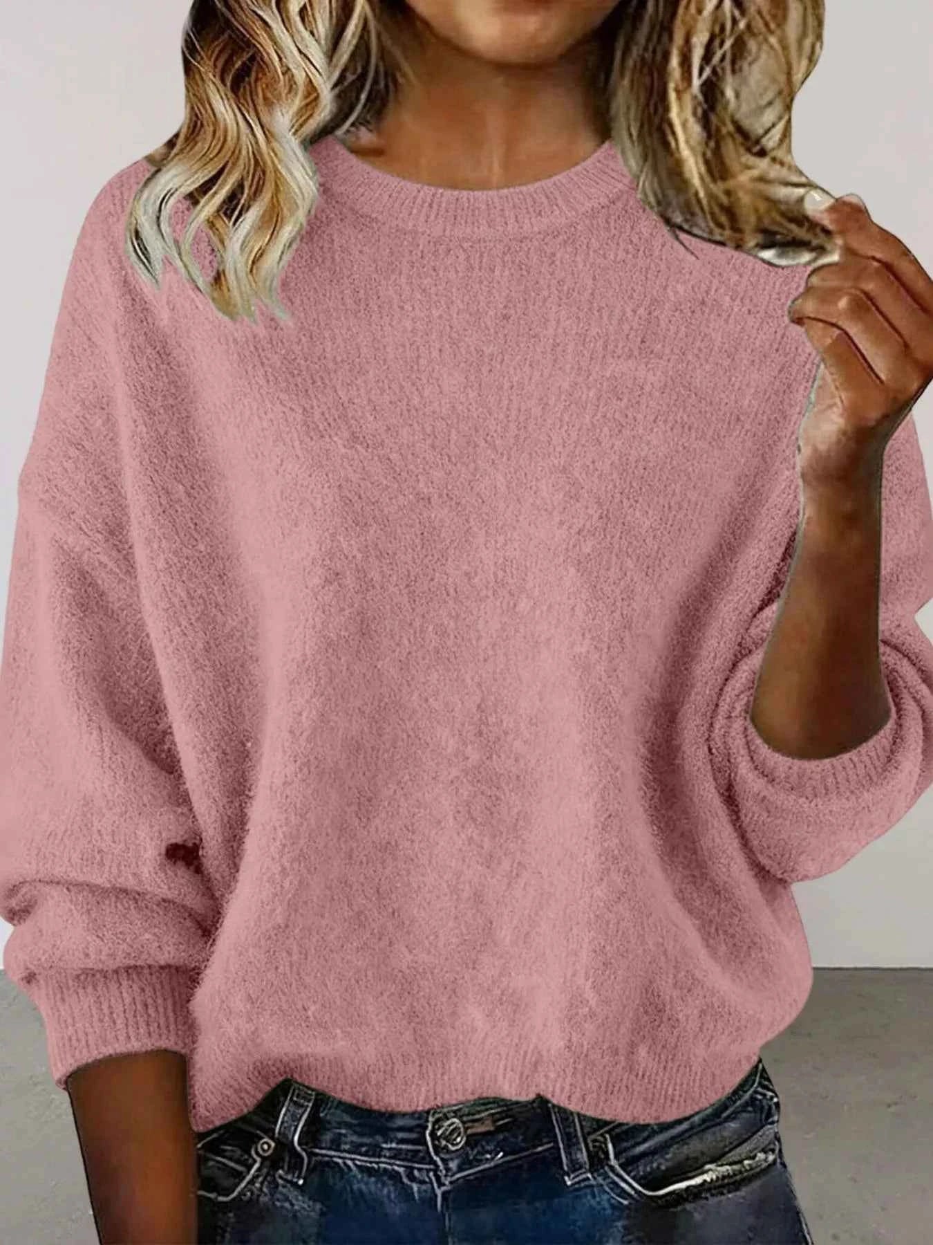 Sarah Express Women's Round Neck Dropped Shoulder Sweater - Plus Size Pink