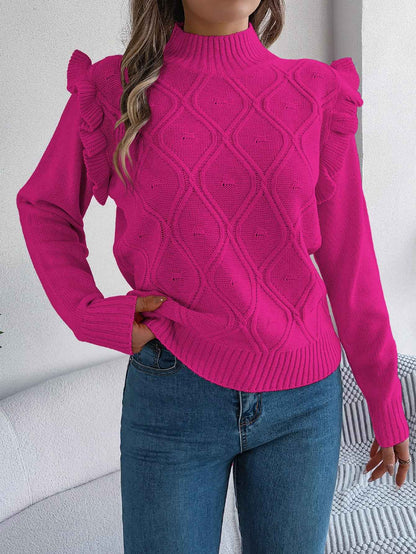 Sarah Express Women's Ruffled Mock Neck Pullover Sweater - Solid Color Long Sleeve Knitwear