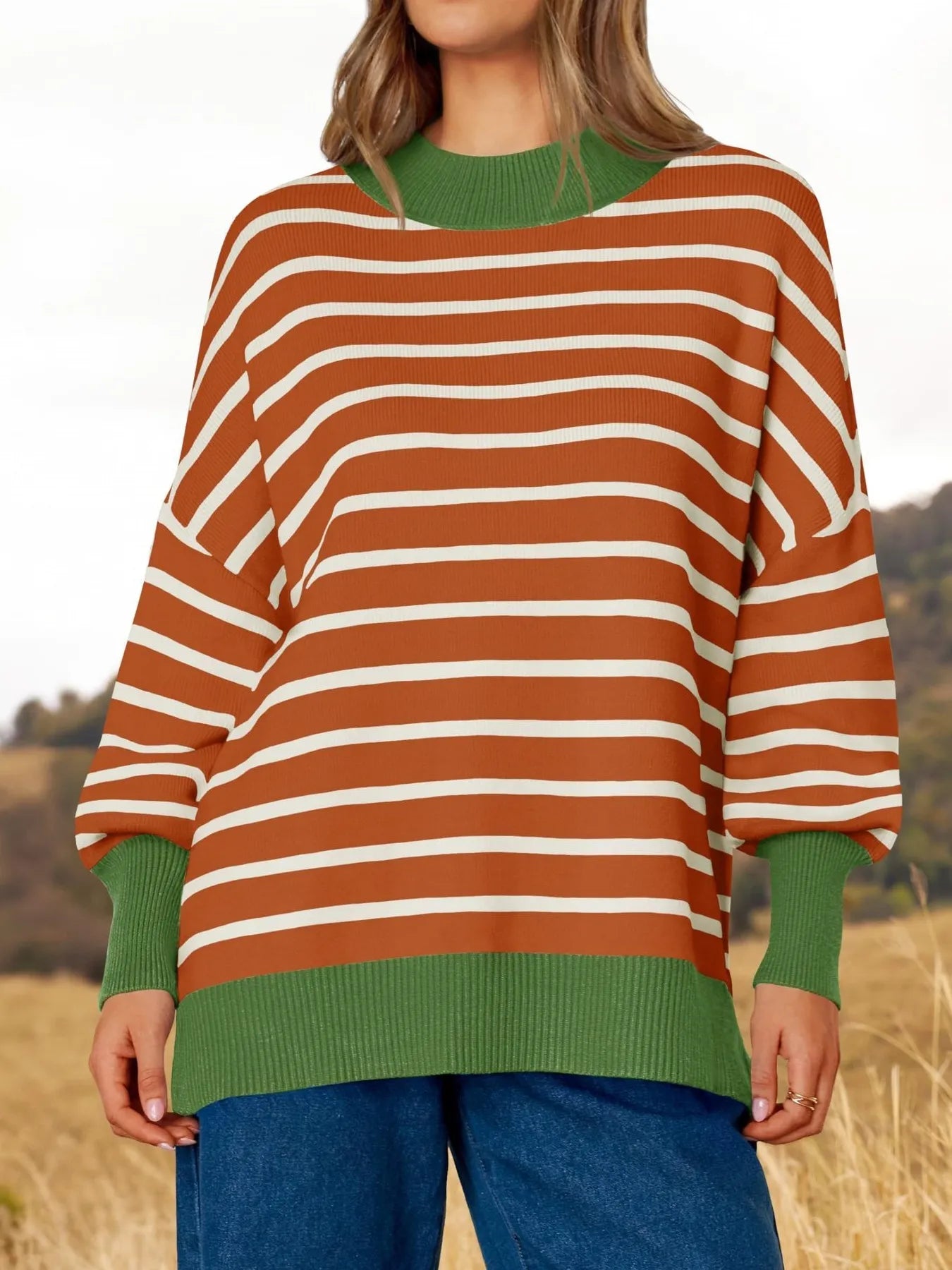 Sarah Express Women's Striped Round Neck Long Sleeve Sweater - Oversized Fit Terracotta