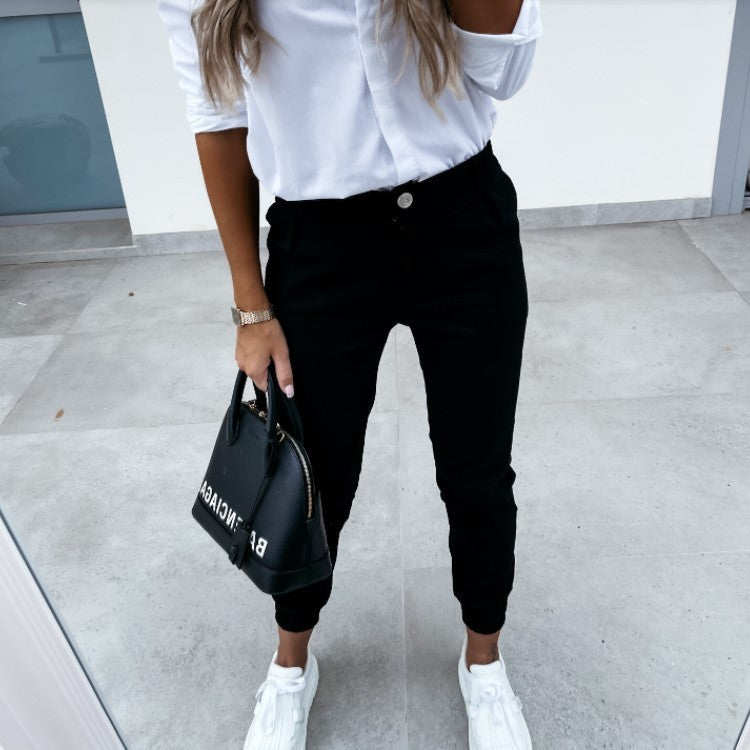 Sarah Express High Waist Slim Fit Cotton Blend Cropped Pants with Pockets