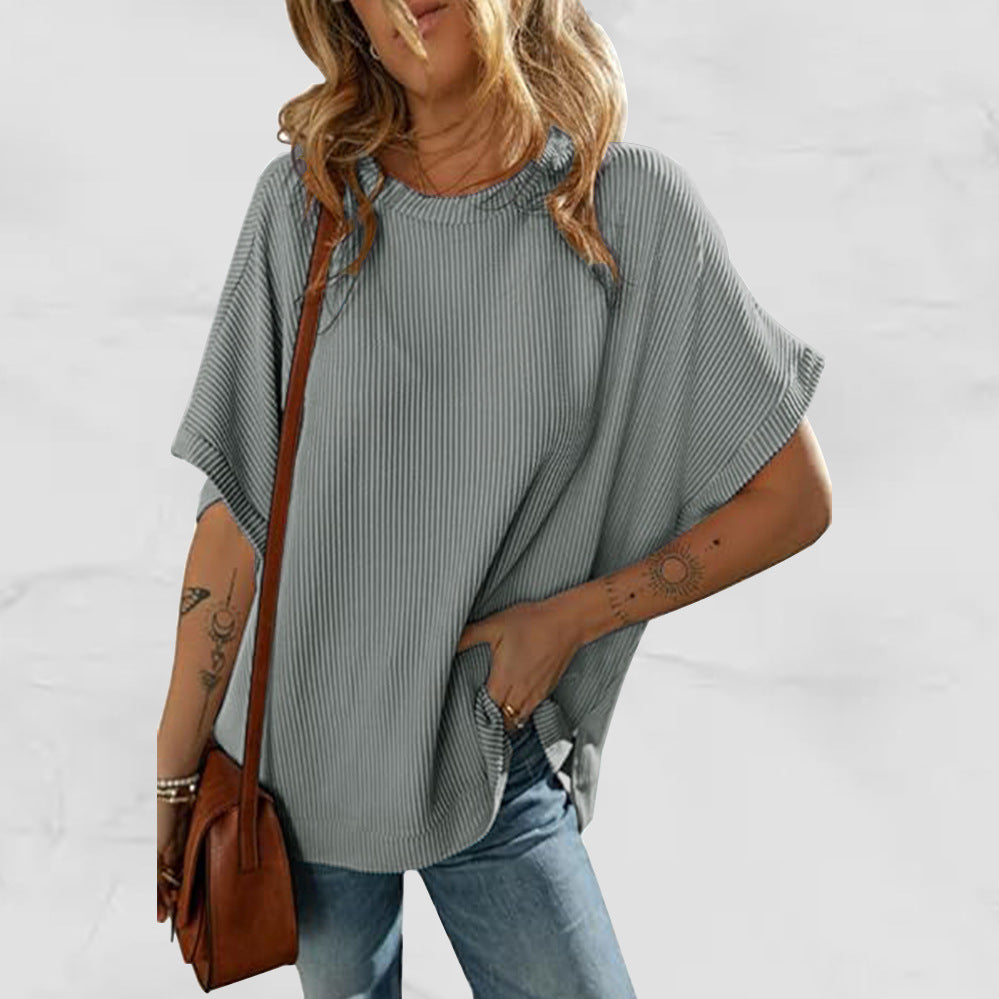 Sarah Express Solid Color Knitted T-Shirt Women's Half Sleeve Loose Casual Pullover Top