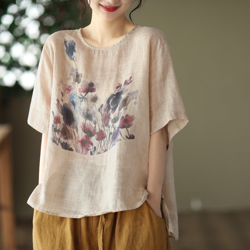 Sarah Express Vintage Ink Print High-Low Hem T-Shirt Hemp Blend Short Sleeve