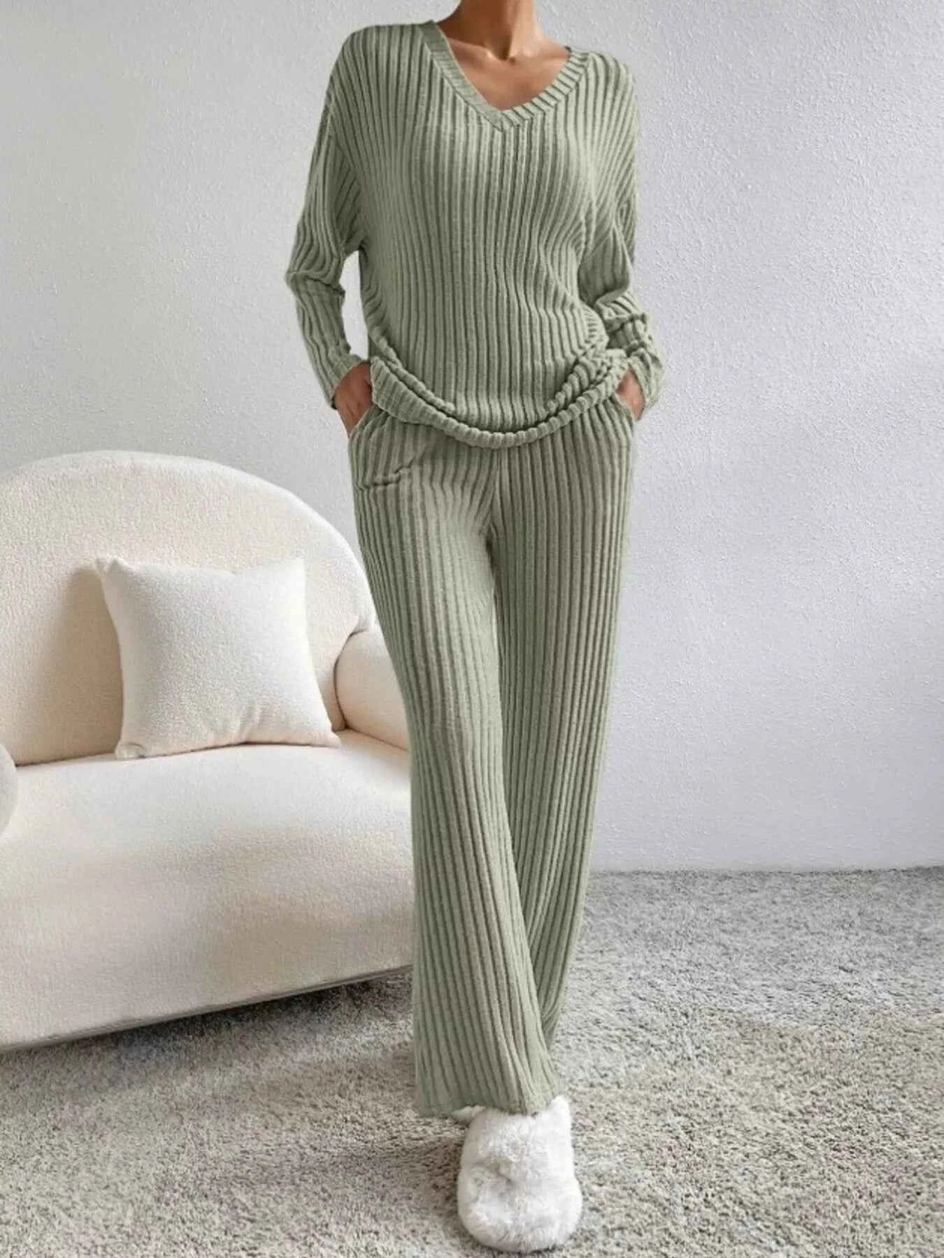 Sarah Express Women's Ribbed Knit V-Neck Top and Pants Set - Two Piece Lounge Set