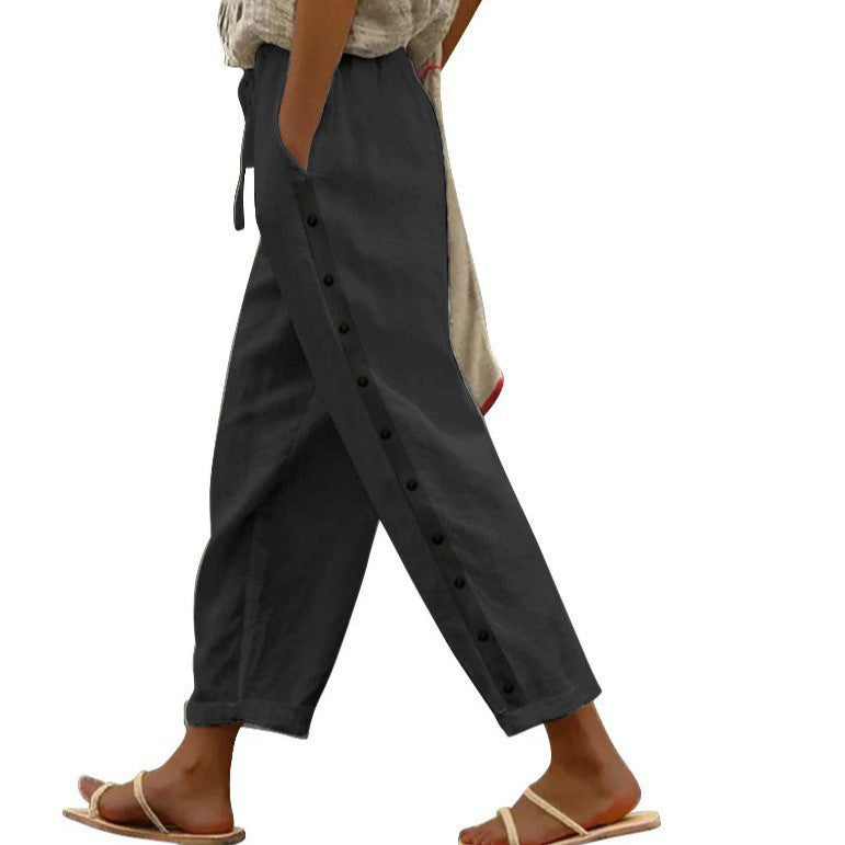 Sarah Express Women's Cotton Linen Cropped Pants Elastic Waist Loose Fit