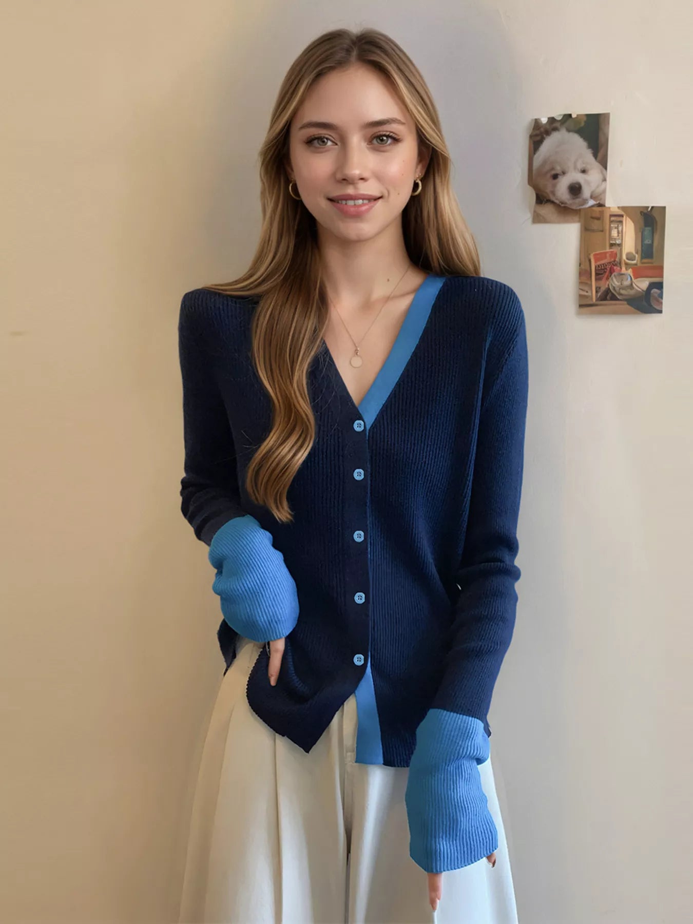 Sarah Express Women's Contrast Trim Ribbed Knit Cardigan