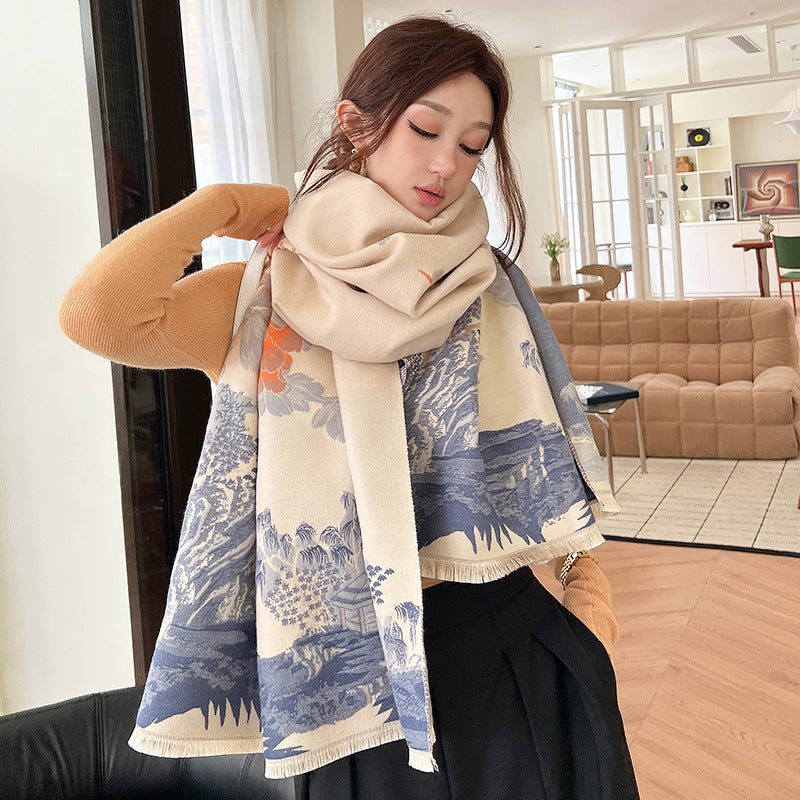 Sarah Express Vintage Plum Scarf Women's Imitation Cashmere Thickened Winter Shawl Wrap