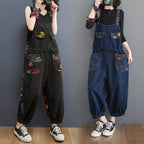 Sarah Express Floral Print Denim Overalls Plus Size Suspender Jeans Cropped