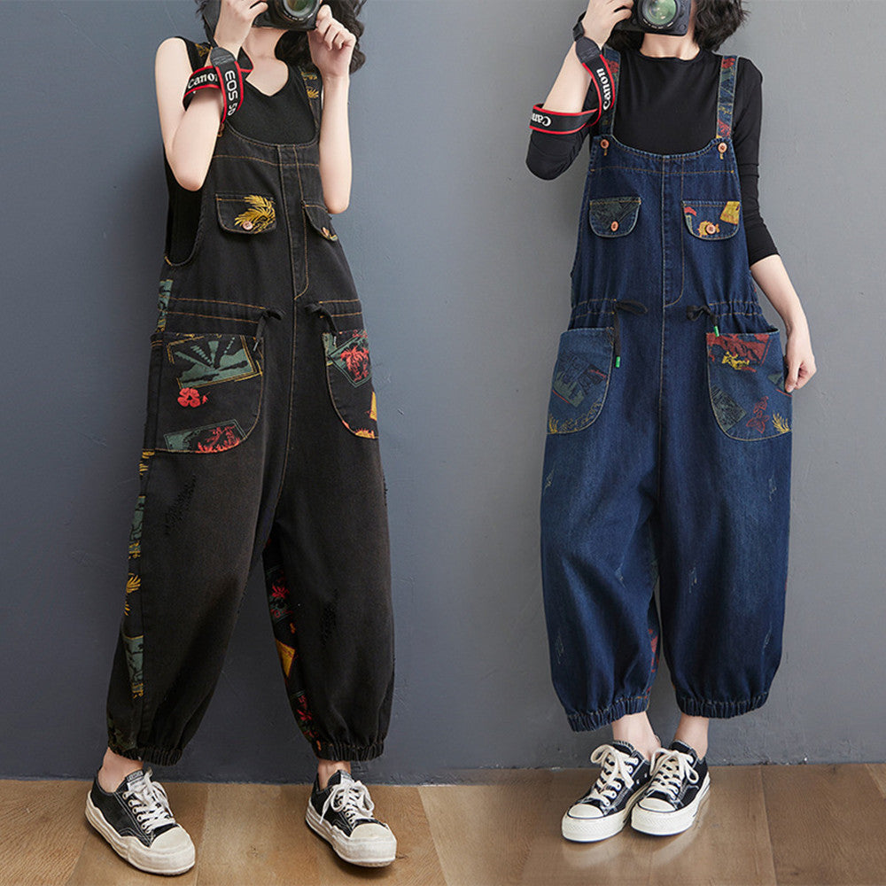 Sarah Express Floral Print Denim Overalls Plus Size Suspender Jeans Cropped