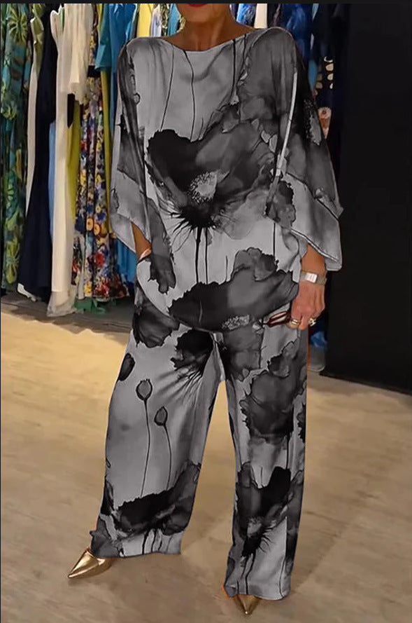 Sarah Express Women's Printed Satin Two-Piece Suit Bell Sleeve Top and Pants Set