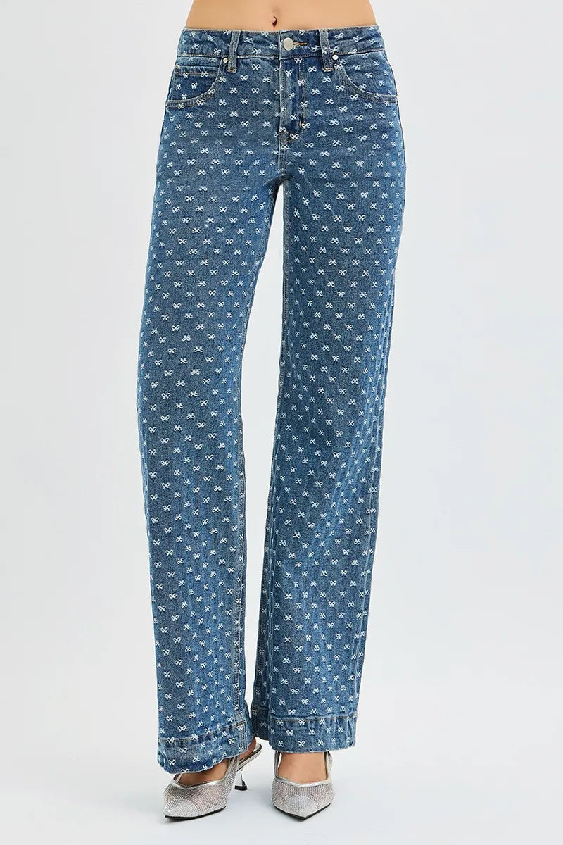 Sarah Express Women’s High Rise Wide Leg Jeans with Bow Embroidery
