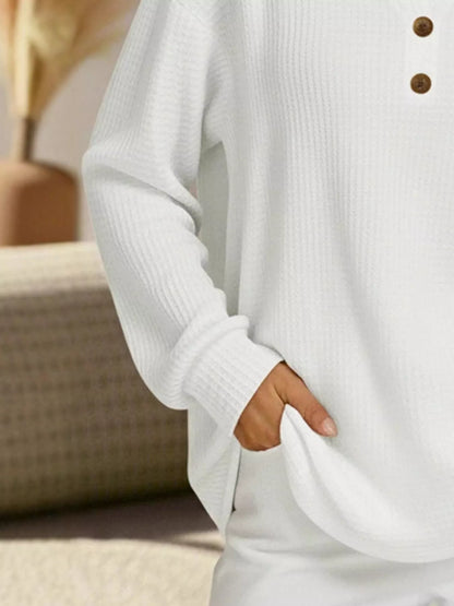 Sarah Express Women's Textured Knit Decor Button Top Plus Size