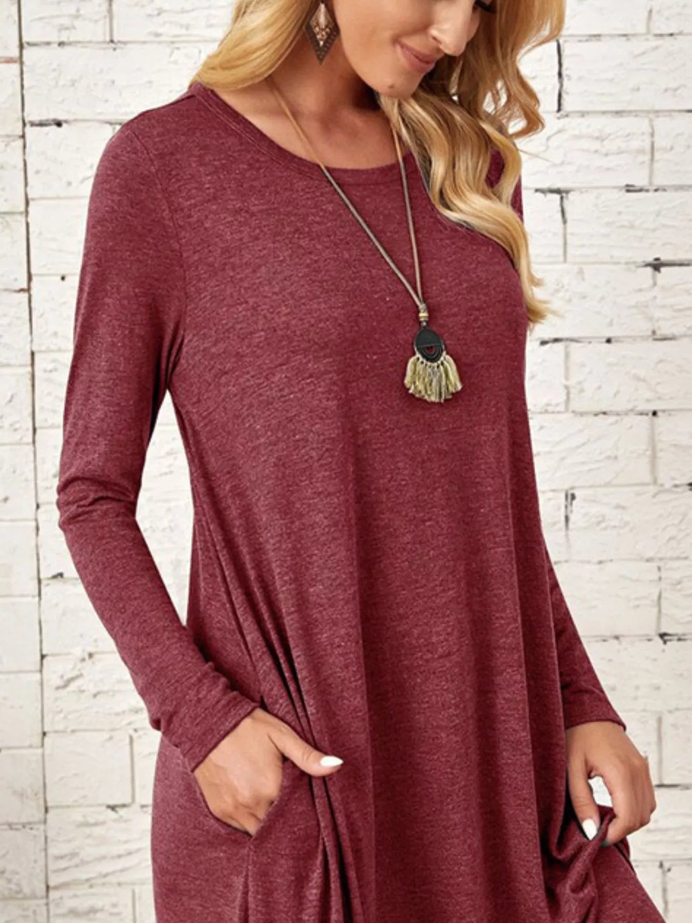 Sarah Express Women's Casual Long Sleeve Pocket Midi Dress