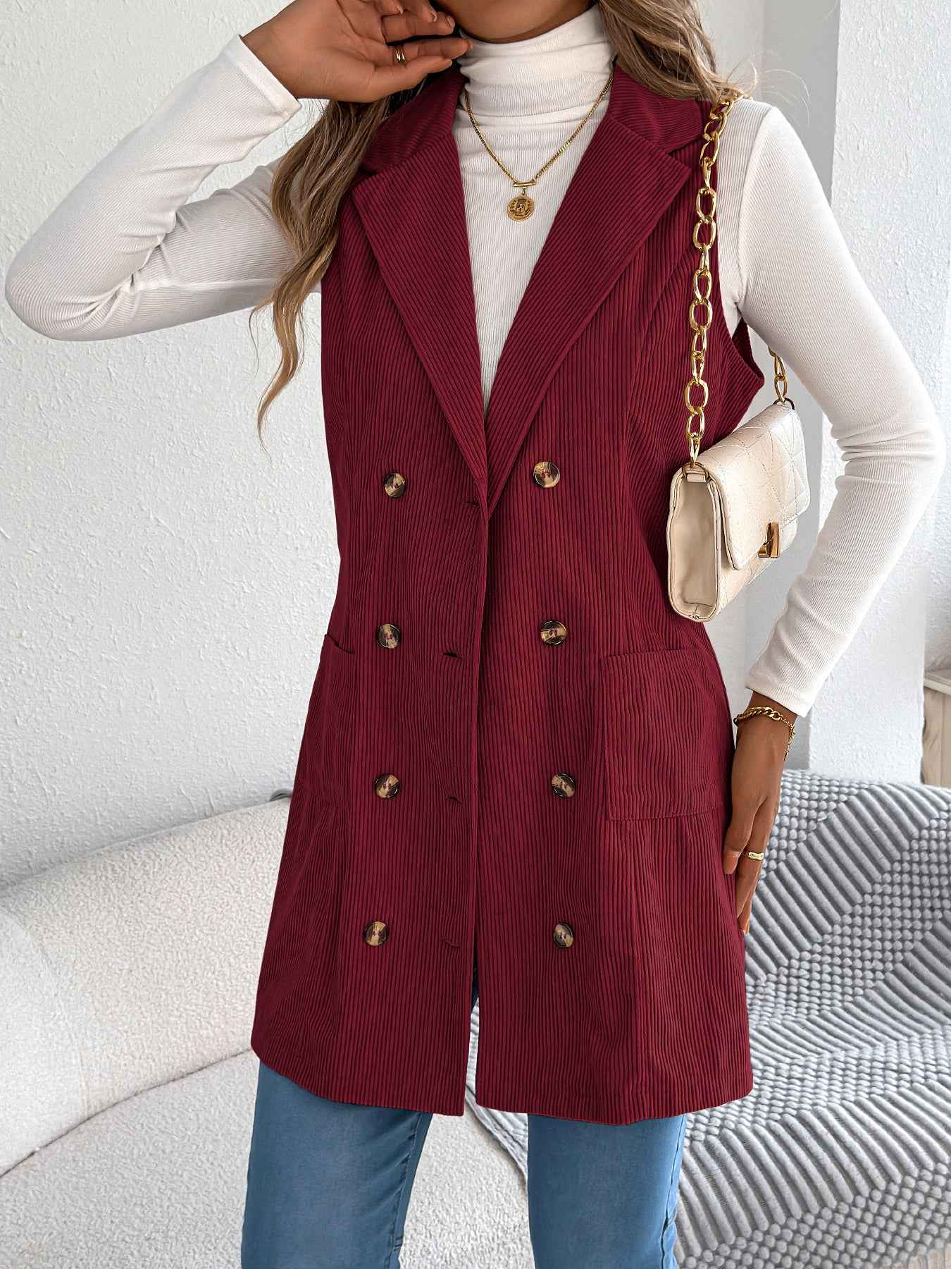 Sarah Express Women's Double-Breasted Corduroy Vest Jacket with Pockets Crimson