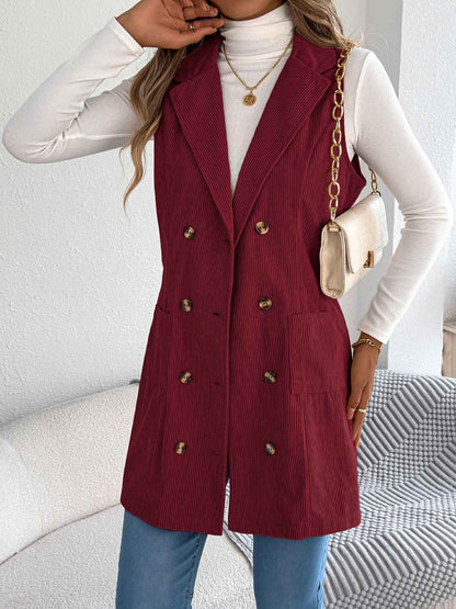 Sarah Express Women's Double-Breasted Corduroy Vest Jacket with Pockets Crimson