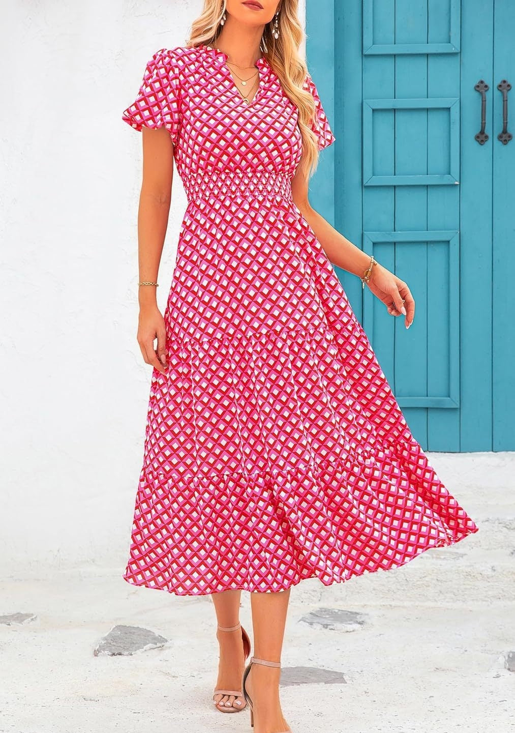 Sarah Express Floral V-Neck Bubble Pleated Maxi Dress Elastic Waist Short Sleeve