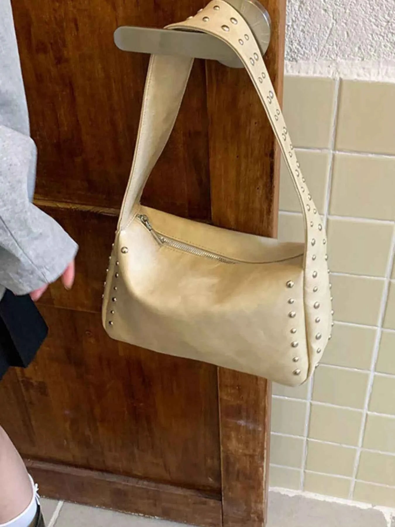 Sarah Express Women's Studded Accent Shoulder Bag - Small PU Leather Crossbody Off-white ONESIZE