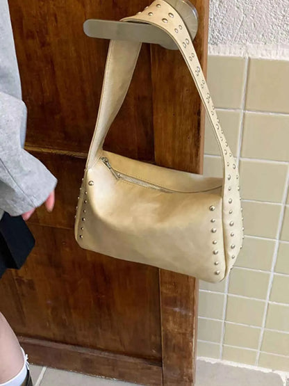 Sarah Express Women's Studded Accent Shoulder Bag - Small PU Leather Crossbody Off-white ONESIZE