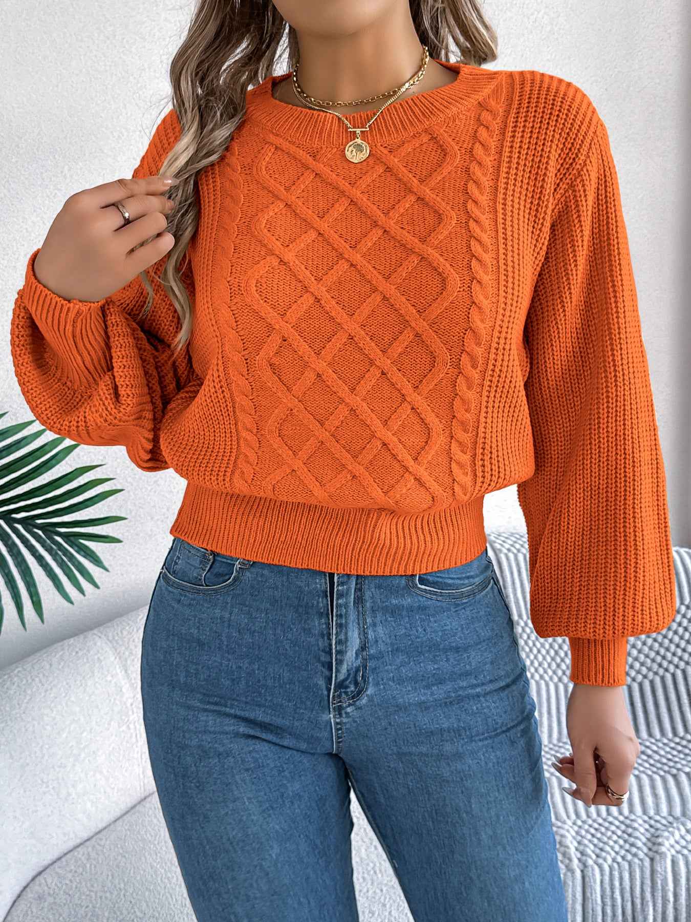 Sarah Express Women's Cable Knit Lantern Sleeve Pullover Sweater - Cinched Waist Crew Neck