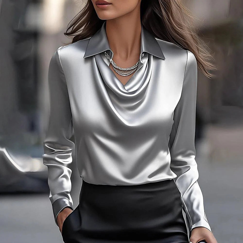 Sarah Express Women's Long Sleeve Shirt Irregular Drape Collar Polyester