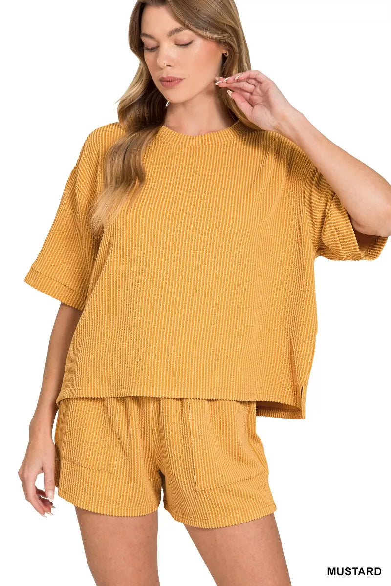 Sarah Express Women's Zenana Raised Rib Short Sleeve Tee and Drawstring Shorts Set MUSTARD