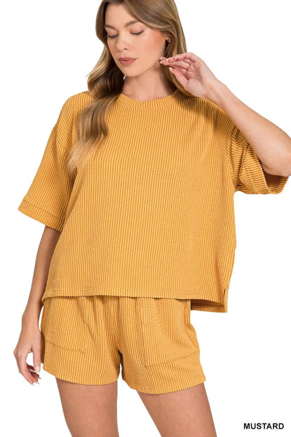 Sarah Express Women's Zenana Raised Rib Short Sleeve Tee and Drawstring Shorts Set MUSTARD