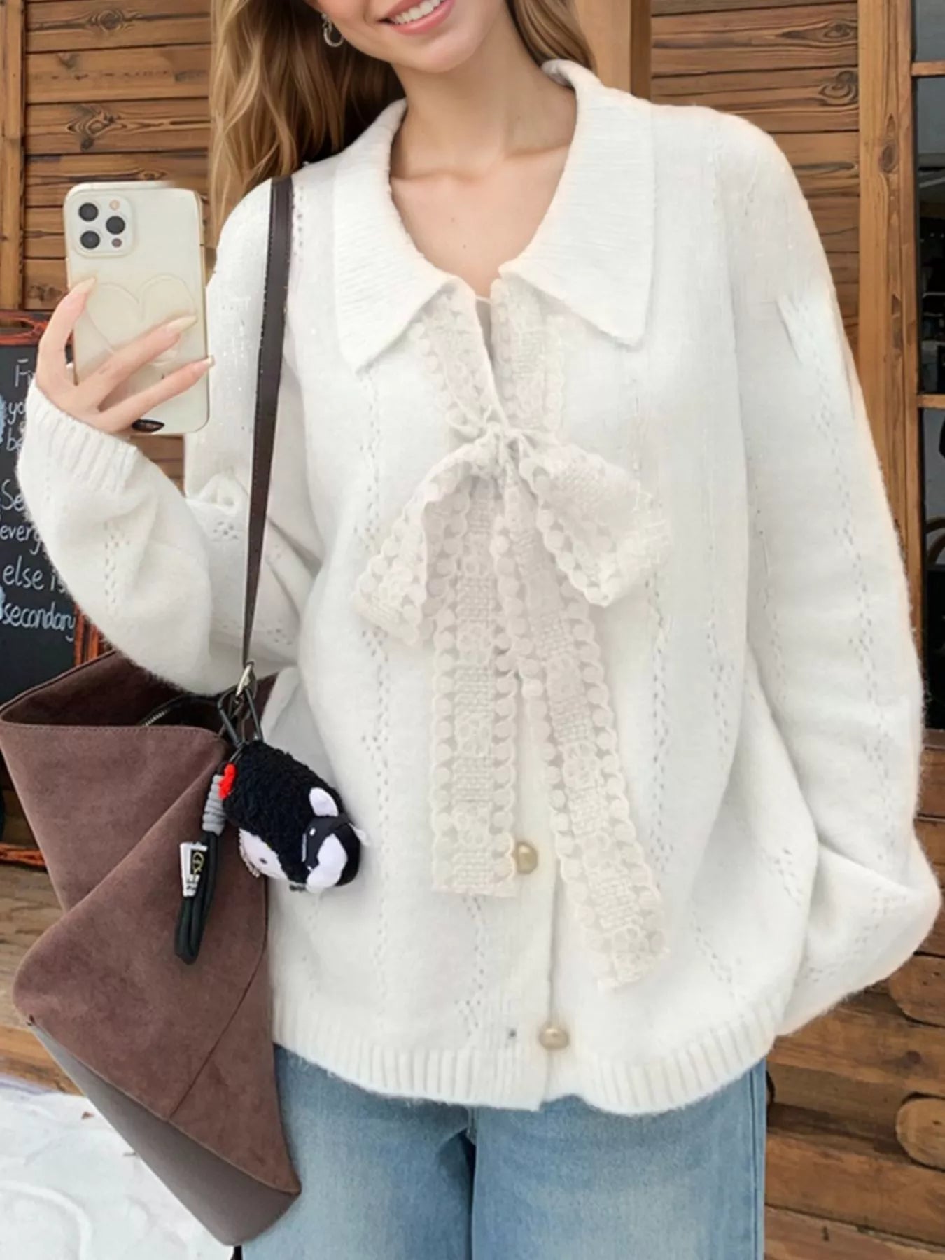 Sarah Express Women's Lace Tie Button Up Cardigan Ivory One Size