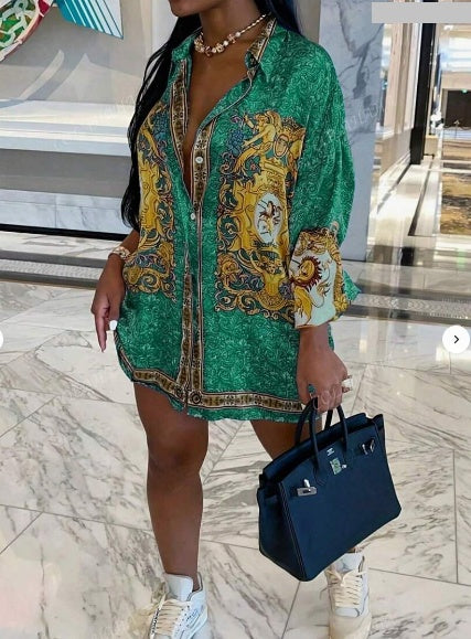 Allover Print Lapel Front Button Casual Vacation Dress