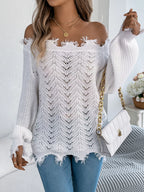 Sarah Express Women's Distressed Hem Openwork Off-Shoulder Sweater