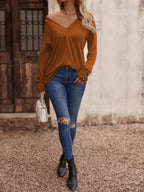 Sarah Express Women's V-Neck Long Sleeve T-Shirt - Button Detail Casual Top