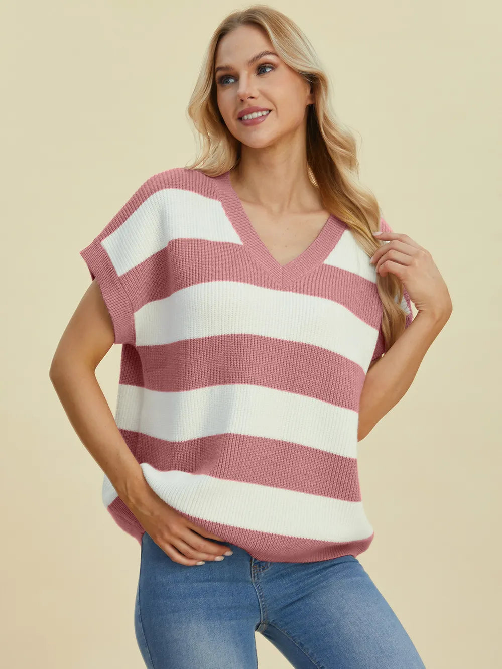 Sarah Express Women's Striped V-Neck Short Sleeve Sweater Dusty Pink