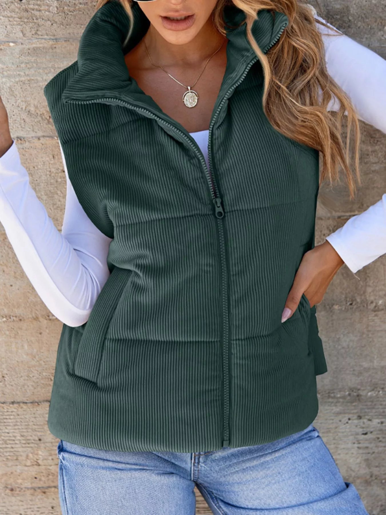 Trendsi Women's Corduroy Zip Up Vest Coat Green