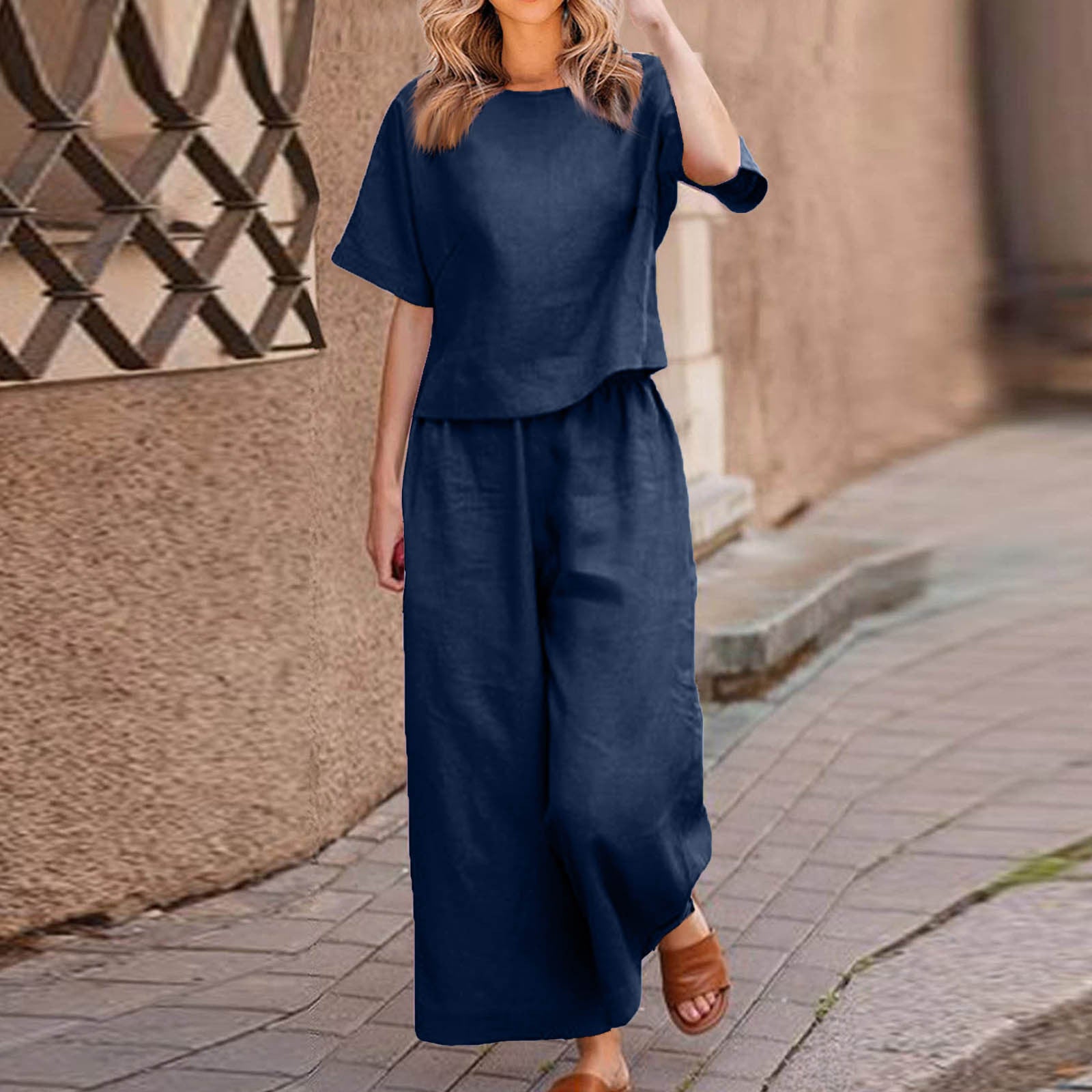 Sarah Express Cotton Linen Two-Piece Set Casual Loose Top Pants Outfit