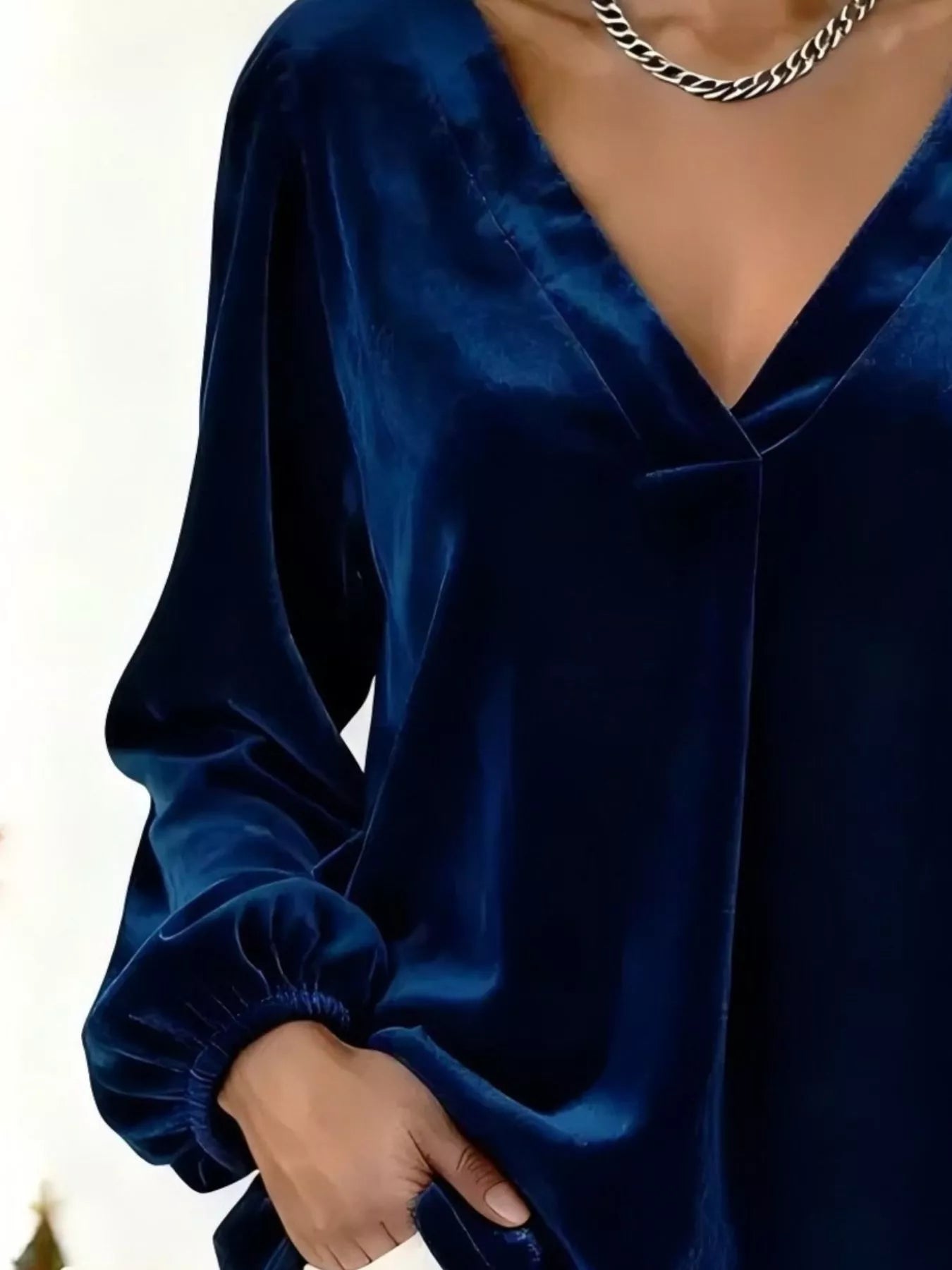 Sarah Express Women's Velvet V-Neck Balloon Sleeve Blouse