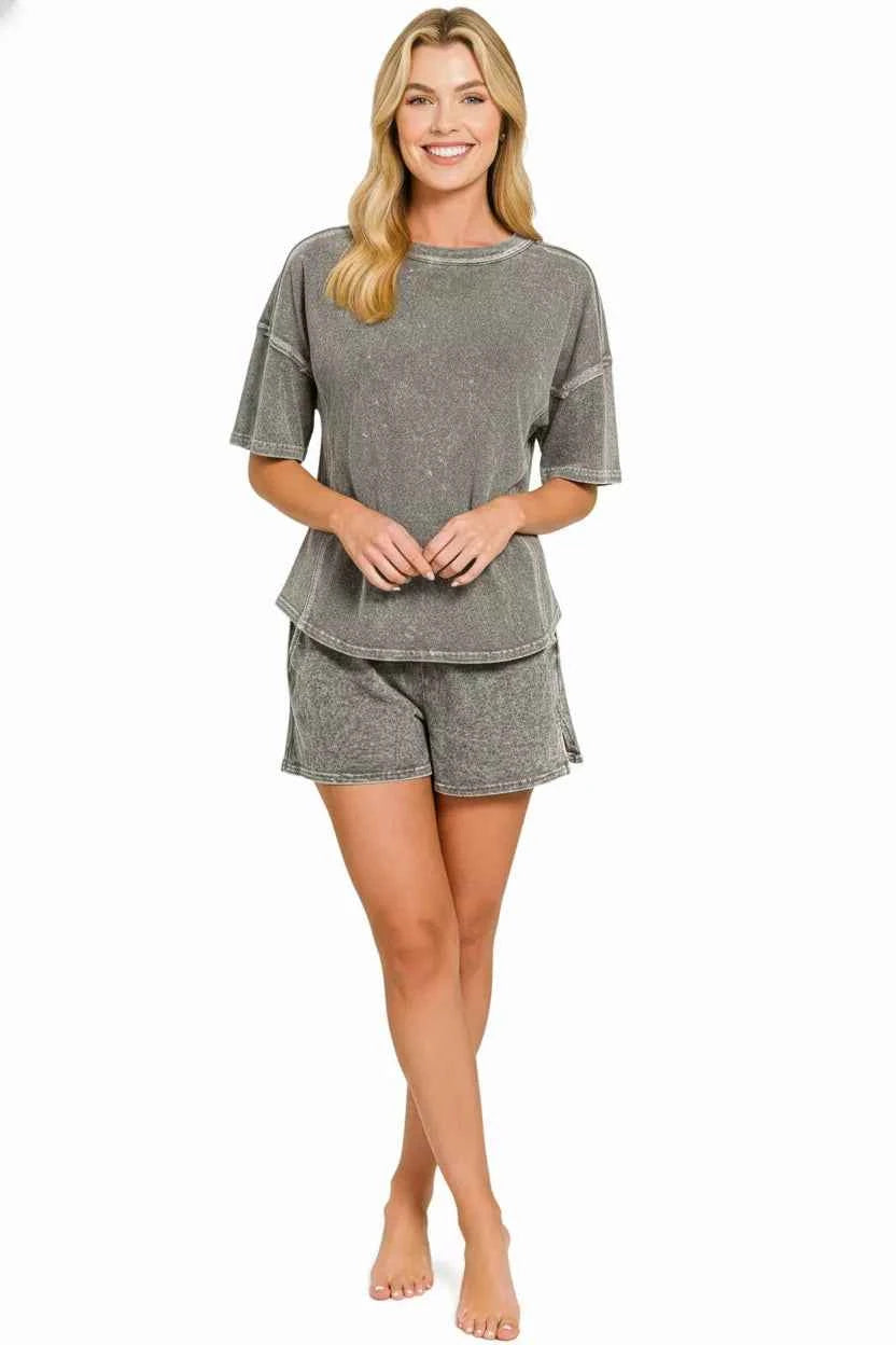 Sarah Express Women's Snow Washed Short Sleeve Tee and Shorts Set - Casual Loungewear