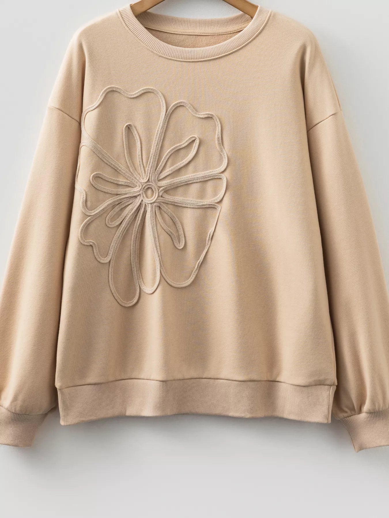 Sarah Express Women's Embroidered Floral Drop Shoulder Sweatshirt - Beige Crewneck Pullover