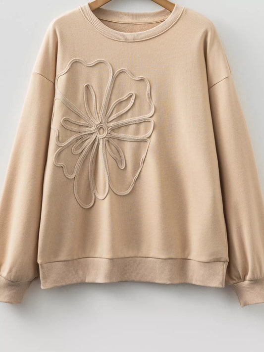 Sarah Express Women's Embroidered Floral Drop Shoulder Sweatshirt - Beige Crewneck Pullover