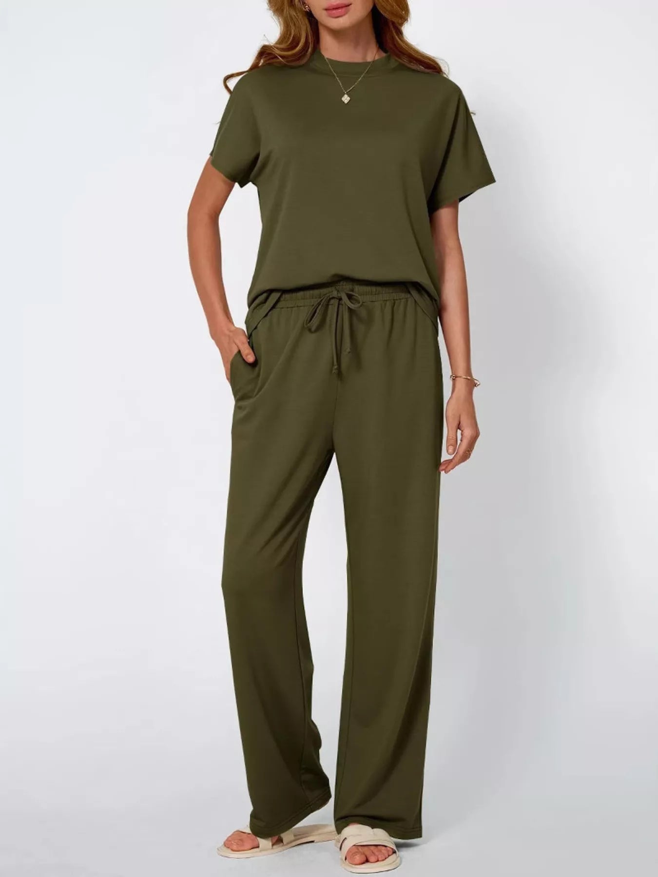 Sarah Express Women's Round Neck Short Sleeve Top and Pants Set - Plus Size Army Green