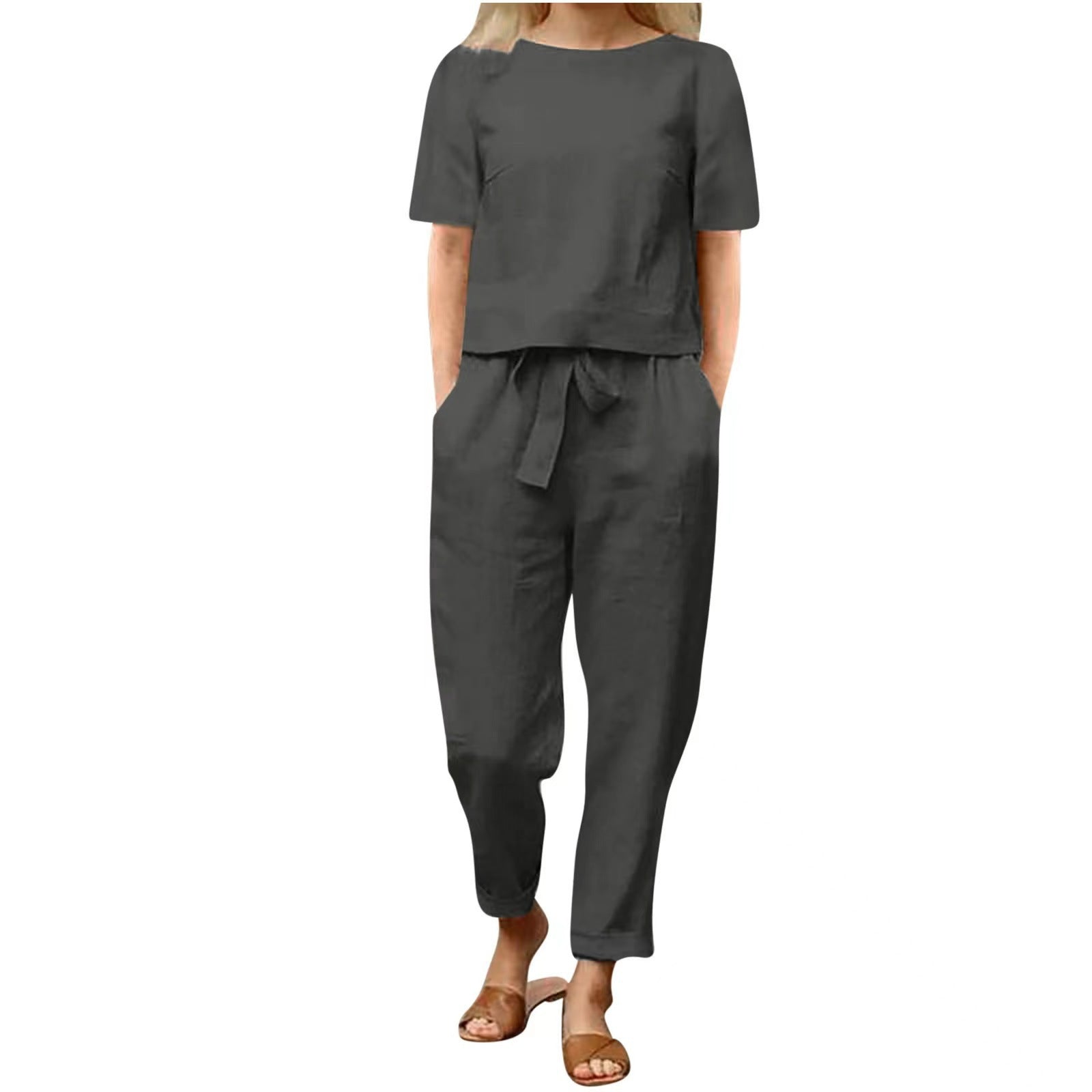 Sarah Express Women's Cotton Linen Top and Wide-Leg Pants Two-Piece Casual Set