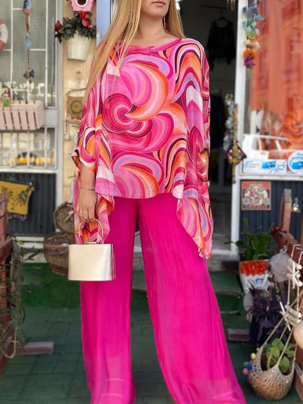 Sarah Express Printed Chiffon Two-Piece Set Round Neck 3/4 Sleeve Top Pants Suit